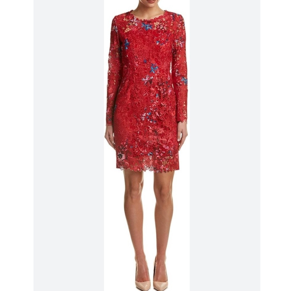 Elie Tahari Red lace Starla Sheath Dress with Long Sleeves and Crew Neck